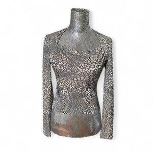 Vintage Y2K Cache Metallic Animal Print Drape Neck Ruched Top Small Long Sleeve